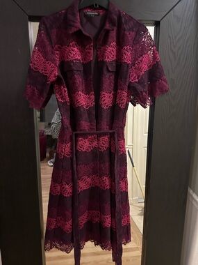 Banana Republic Burgundy & Fuchsia Lace Midi Shirt Dress